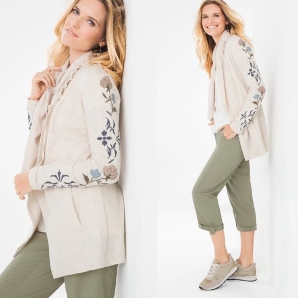 Zenergy Chico’s Embroidered Knit Jacket Large 12‎ Cardigan Boho Floral